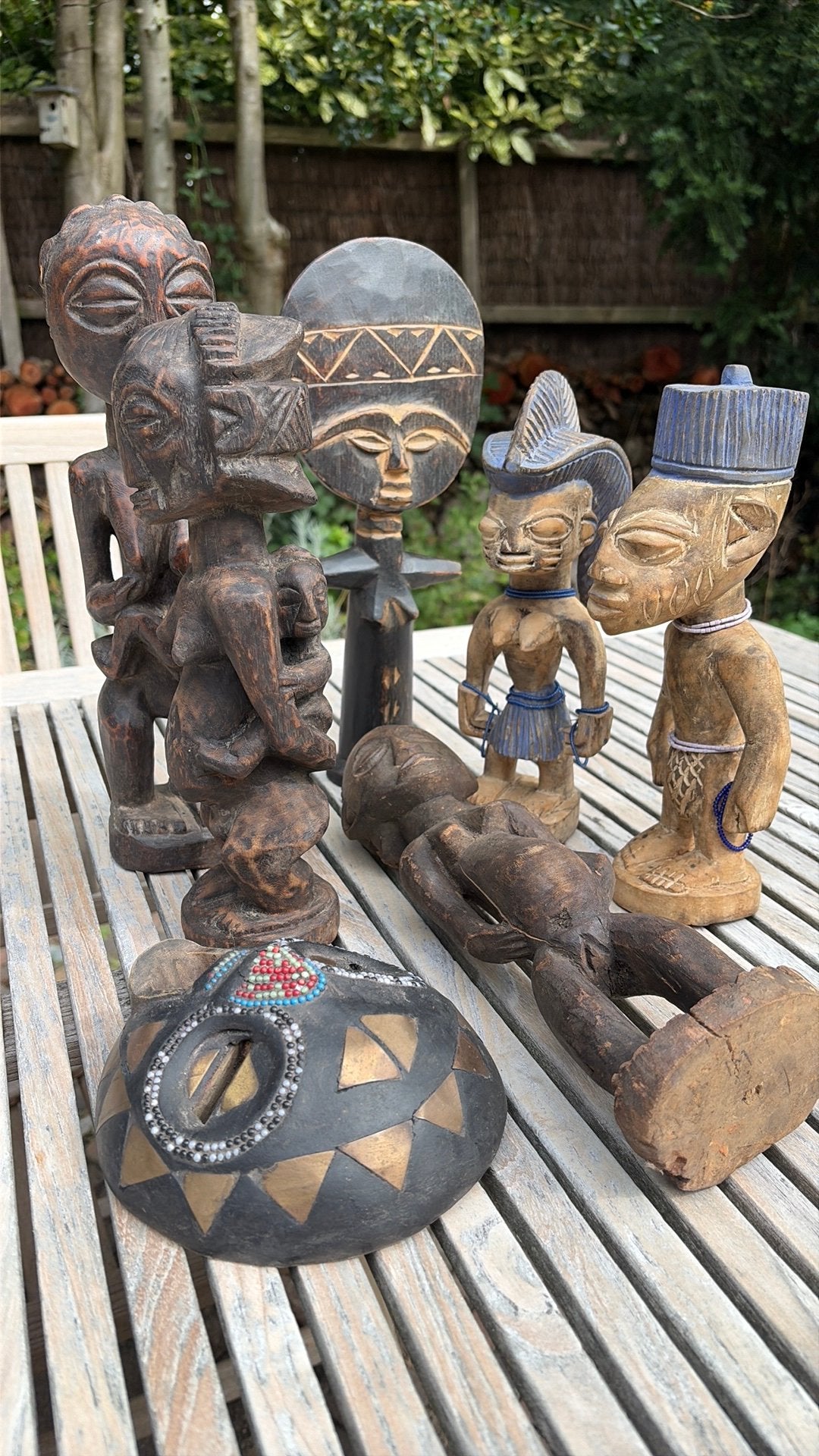 Set van 6 Afrikaanse beelden en maskers, handgesneden hout, Antiek en Kunst, Bruin, Afrika, Ophalen, Hout