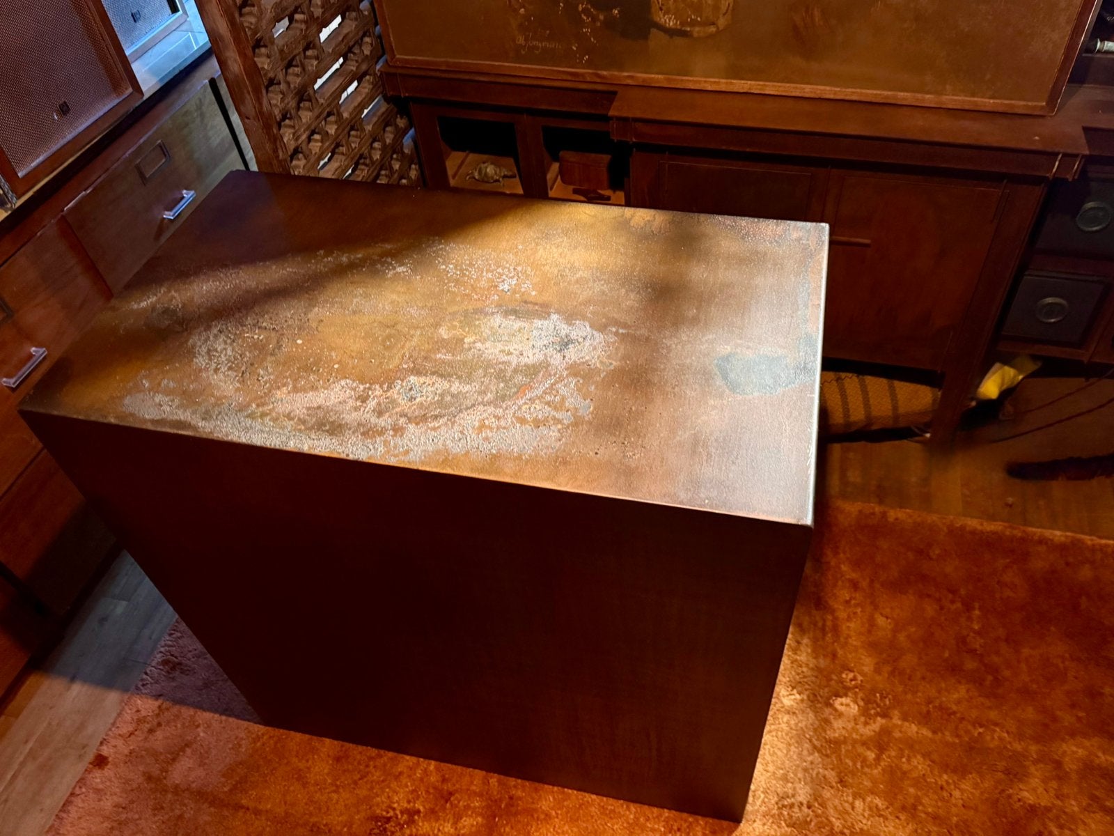 Stalen brutalistisch salontafel | sokkel patina 90 x 90 x 50, 50 – 75, 50 tot 100 cm, Vierkant, \