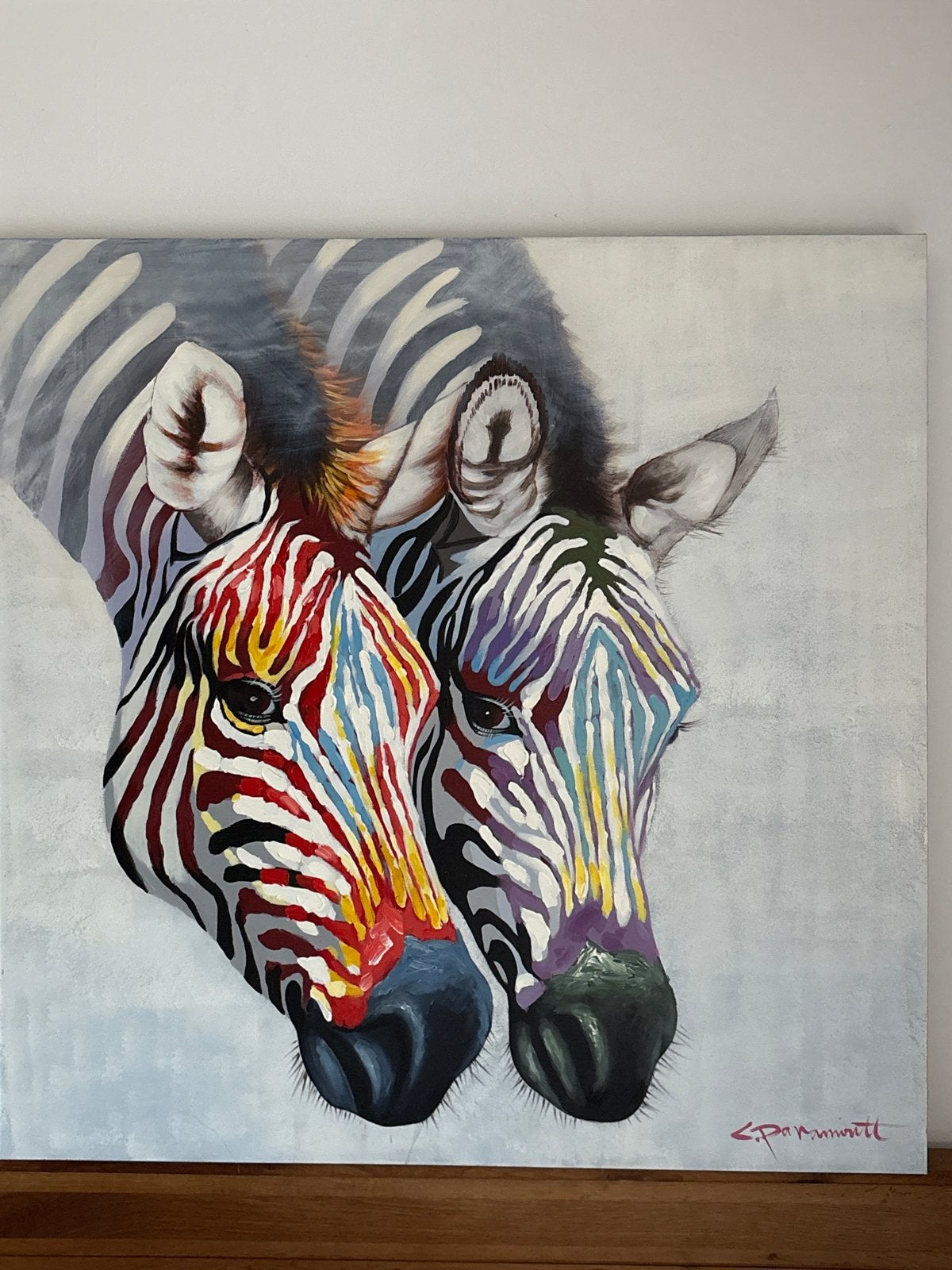 Schilderij zebra's - Kleurrijk en modern kunstwerk, Antiek en Kunst, Ophalen, Dieren, Textiel, Gesigneerd