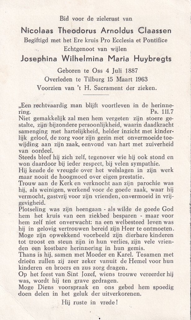 Claassen Nicolaas 1887 Oss 1963 Tilburg, Ophalen of Verzenden, Bidprentje