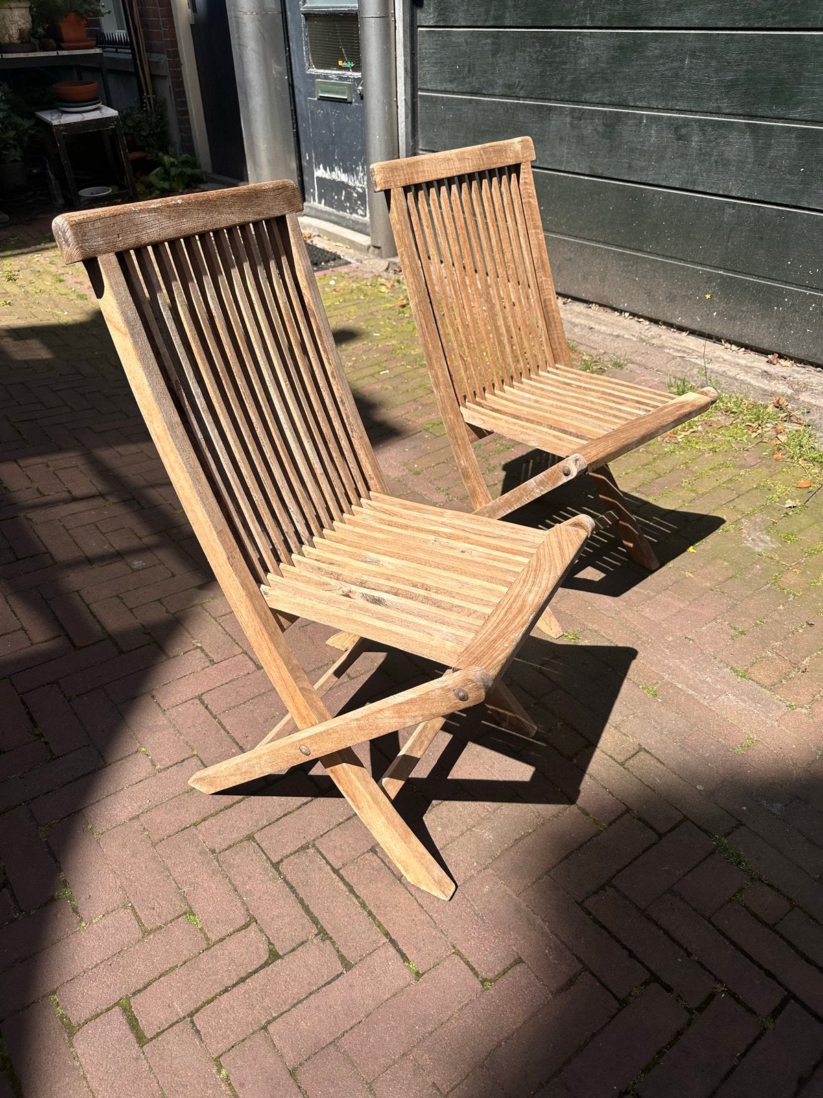Set van 2 Teakhouten Tuinstoelen - Robuust en Goed Onderhoud, Ophalen, Gebruikt, Teakhout, Inklapbaar