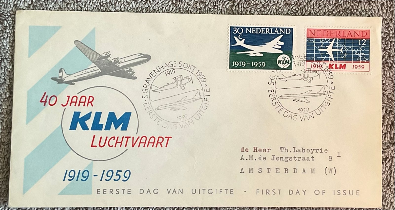 Eerste Dag Uitgifte KLM 40 Jaar Luchtvaart 1919-1959, Postzegels en Munten, Ophalen of Verzenden, Beschreven, Nederland