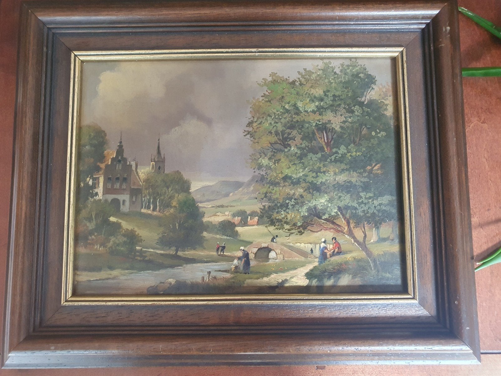 Klassiek Landschap Schilderij met Figuren en Kasteel, Ophalen, Paneel, Landschap, Olieverf
