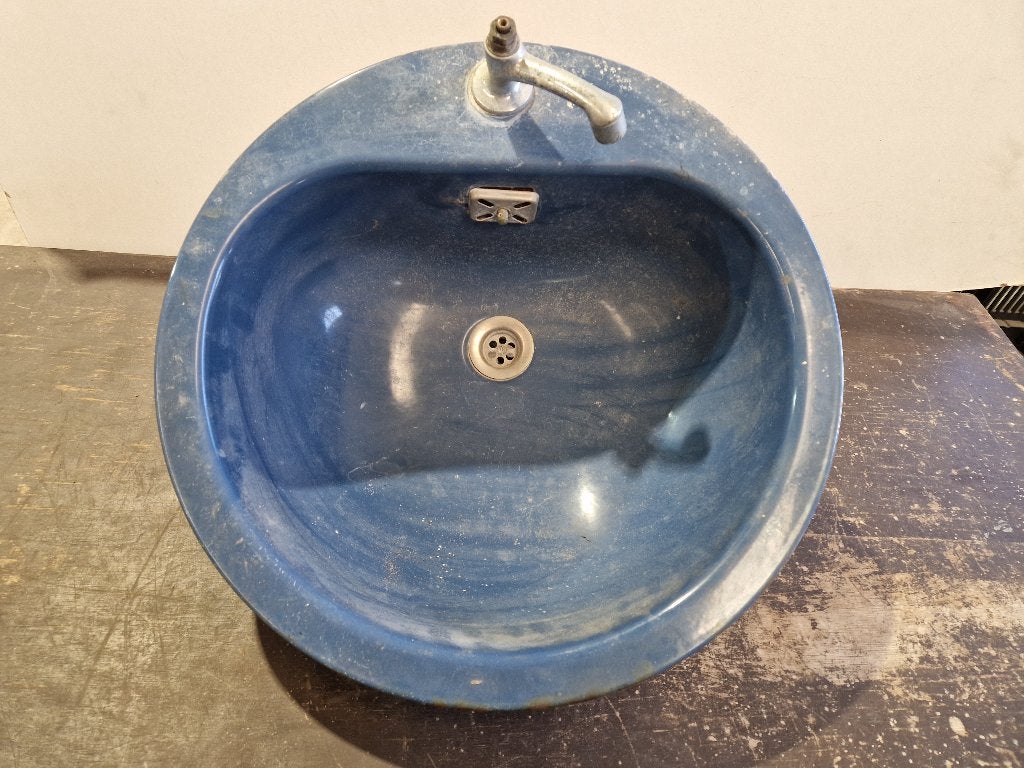 Blauwe ronde metalen wasbak 48cm, Ophalen of Verzenden, Gebruikt, Wastafel