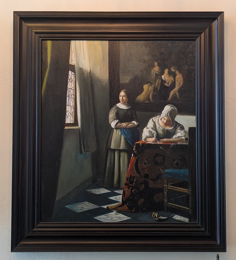 Schilderij Schrijvende vrouw met dienstbode (Vermeer), Antiek en Kunst, Kunst | Schilderijen | Klassiek, Ophalen, Doek, Portret of Personen