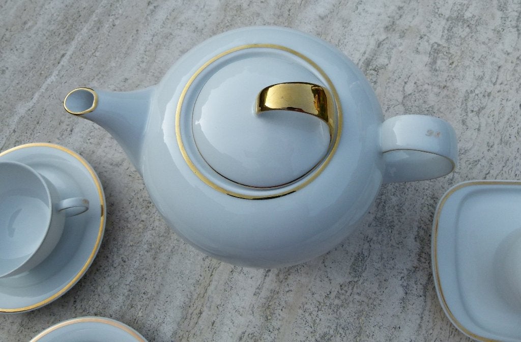 Super Mooi Douwe Egberts Thee Servies Wit met Gouden Bies, Huis en Inrichting, Keuken | Servies, Ophalen of Verzenden, Nieuw, Porselein