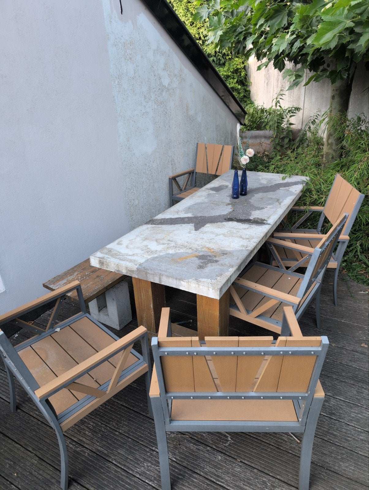 Robuuste tuinset met betonnen tafel en houten stoelen, Tuin en Terras, Tuinsets en Loungesets, Ophalen