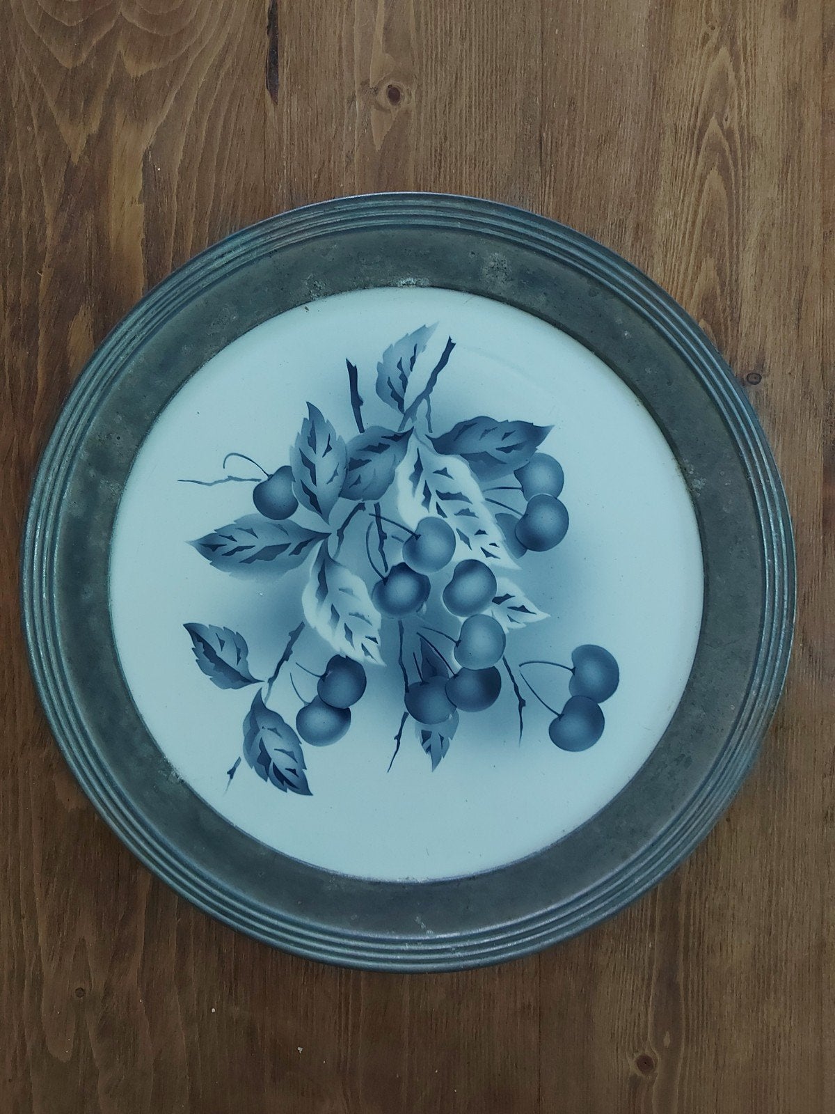 oud bord met tinnen rand, bord met kersenmotief, Antiek en Kunst, Ophalen
