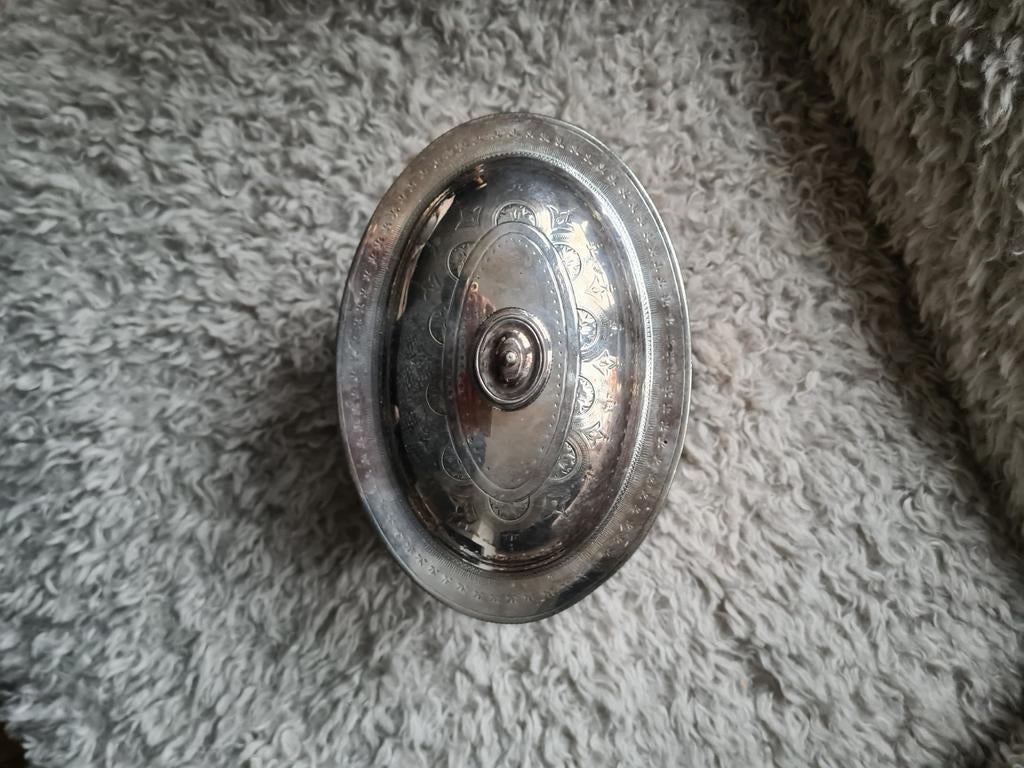 Antieke verzilverde koektrommel met dienblad, Ophalen of Verzenden, Zilver