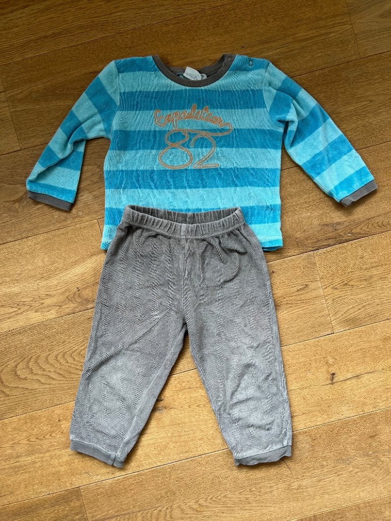 Feetje pyjama maat 86 grijs en blauw / gestreept badstof, Nacht- of Onderkleding, Gebruikt, Jongetje of Meisje, Ophalen of Verzenden
