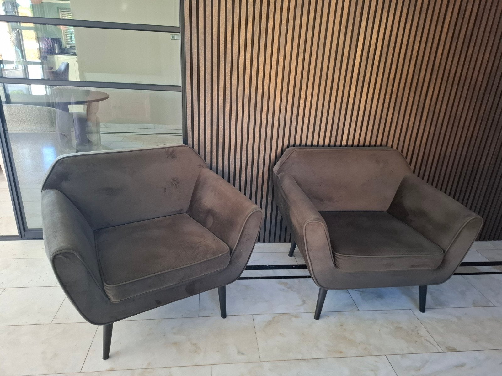 2 x Woood rocco warm groene fauteuil stoel bank, Ophalen, Zo goed als nieuw, Minder dan 75 cm, 50 tot 75 cm