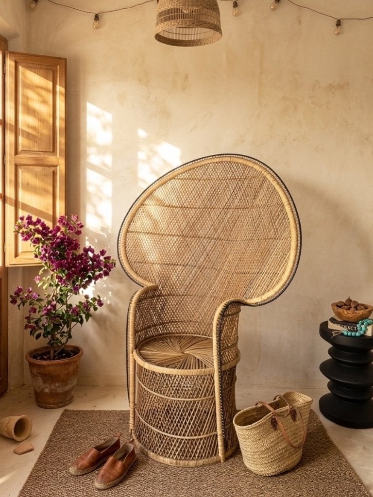 Rotan pauwstoel, Huis en Inrichting, Stoelen, Ophalen, Bruin, Riet of Rotan, Zo goed als nieuw