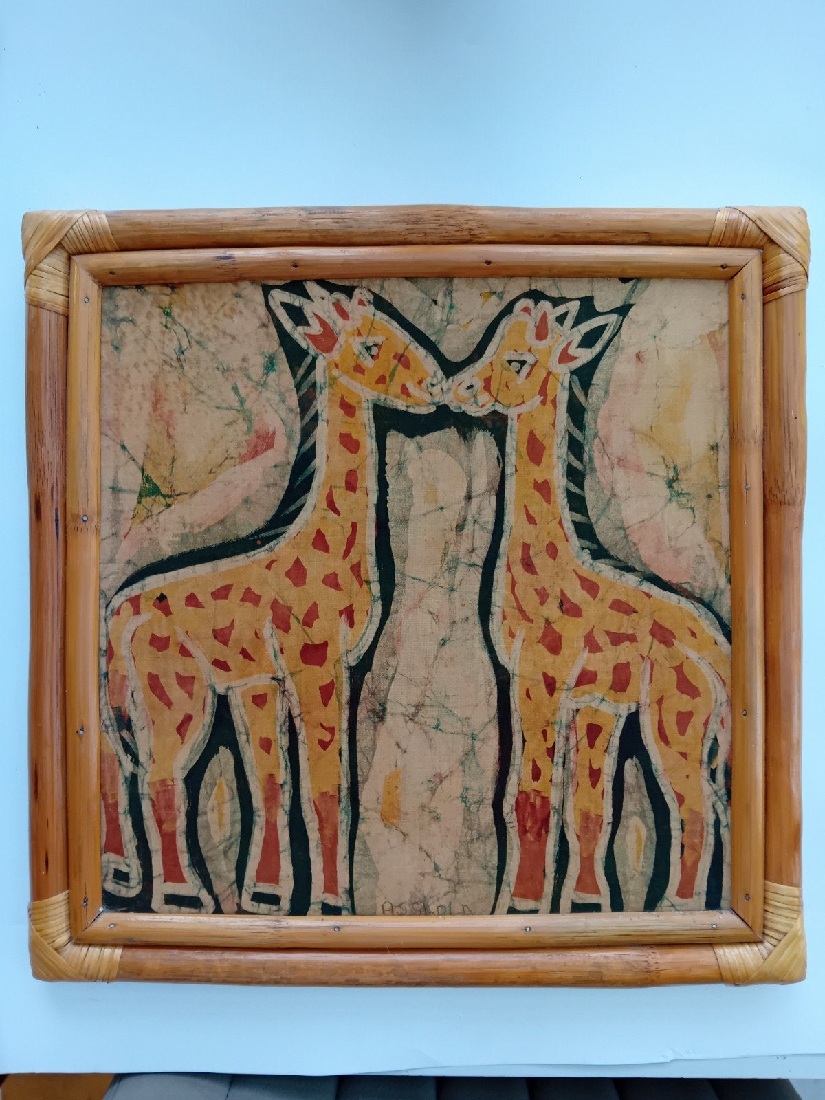 Asshola batik schilderij van giraffen in bamboe lijst, Ophalen of Verzenden