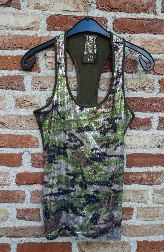 groene camouflage glitter top JNY Summer Music Party nl xs, JNY Summer, Ophalen of Verzenden, Zo goed als nieuw, Zonder mouw