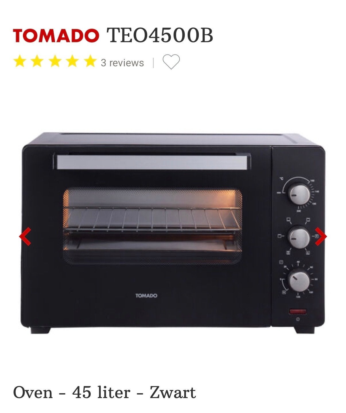 Tomado TEO4500B Heteluchtoven 45L, Ophalen, Overige merken, Hete lucht, Vrijstaand