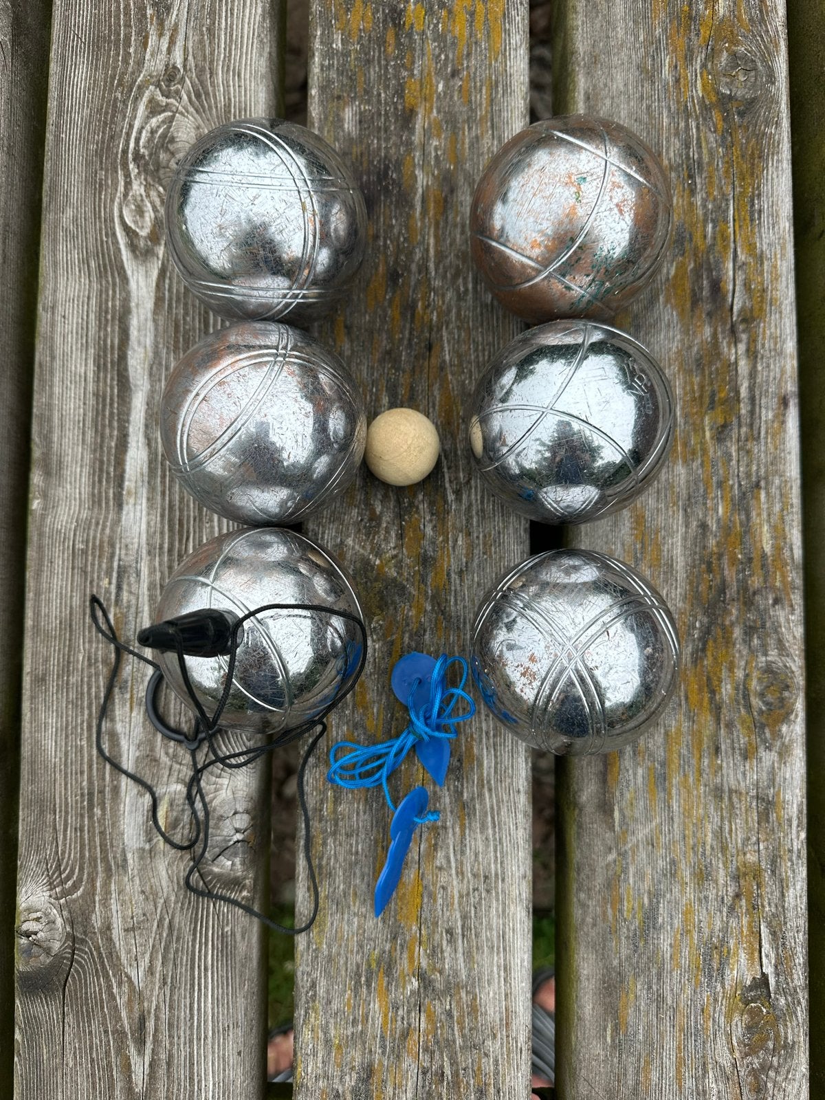 Metalen Jeu de Boules set compleet met but en meetlint, Ophalen, Gebruikt