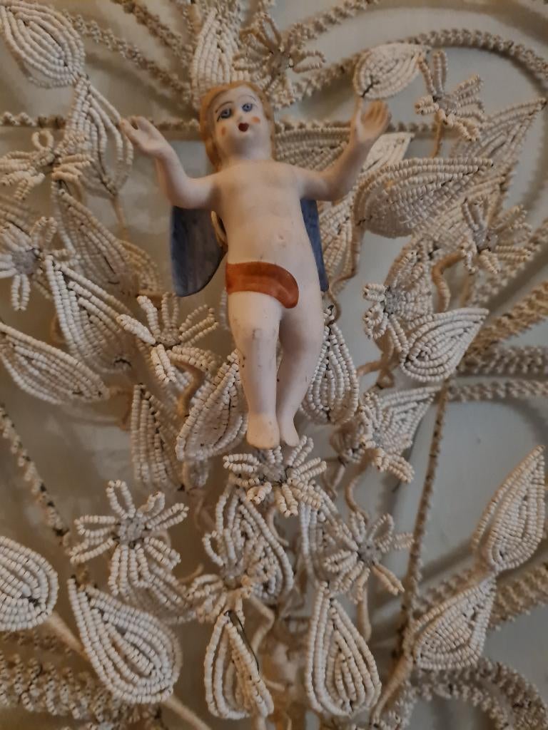 Antiek Frans kralen ornament met engeltje groot model, Antiek en Kunst, Ophalen of Verzenden