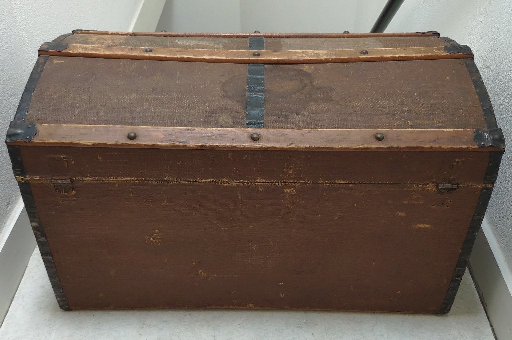 Antieke hutkoffer houten scheepskist gebogen deksel, Ophalen, Gebruikt, 75 tot 100 cm