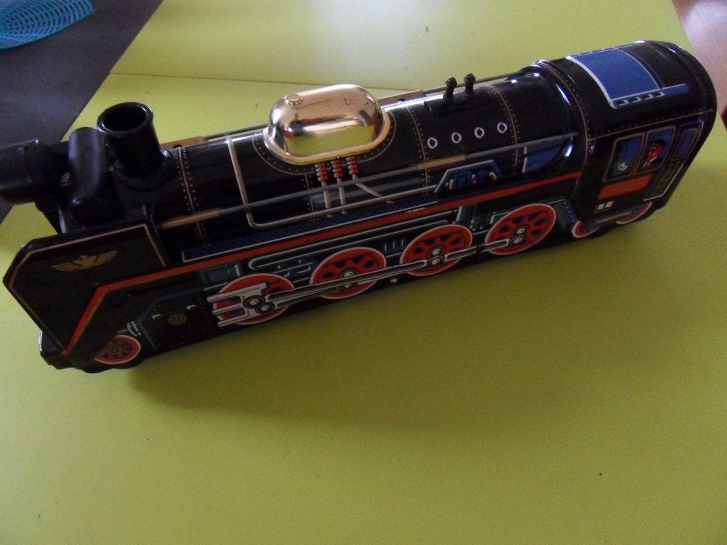 Vintage blikken locomotief - Zwart/Goud D5177 Modern Toys, Antiek en Kunst, Antiek | Speelgoed, Ophalen of Verzenden