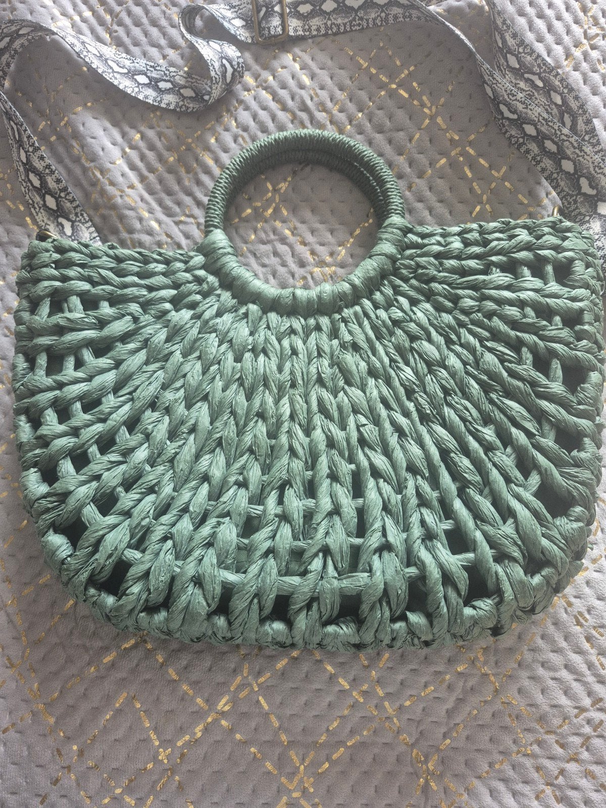 Groene rieten tas met slangenprint schouderband, Ophalen of Verzenden, Gebruikt, Groen, Handtas