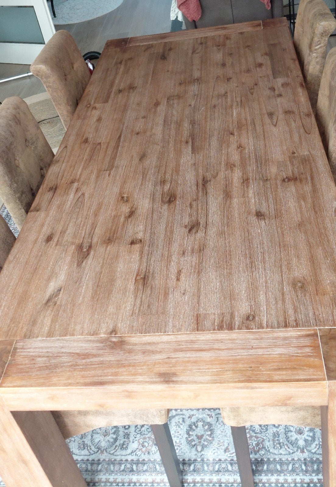 Robuuste houten Pronto eettafel met 6 eetstoelen,eetkamerset, Ophalen, Gebruikt, 100 tot 150 cm, Landelijk