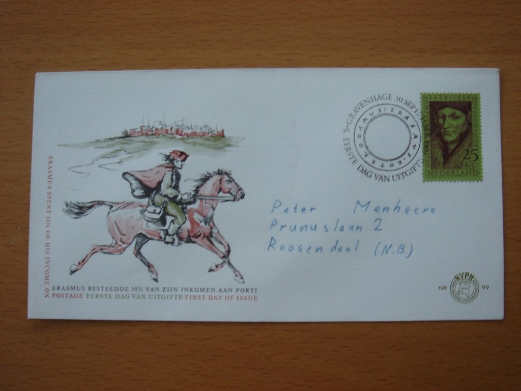 NVPH E99 1e Dag-enveloppe 1969 Erasmus Desiderius 1469 -1536, Ophalen of Verzenden, Beschreven, Nederland