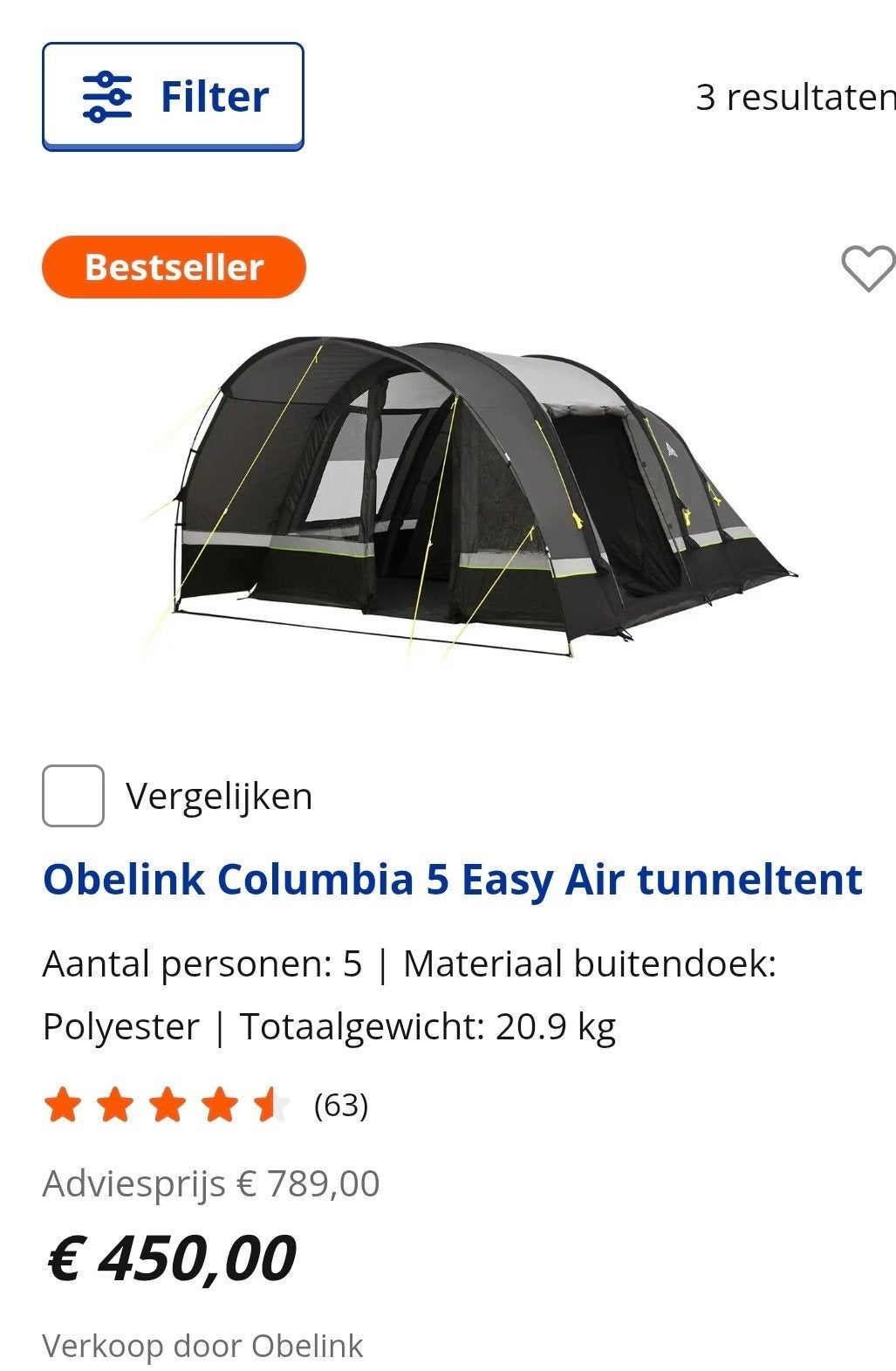 Obelink Columbia 5 Easy Air tunneltent, Ophalen of Verzenden
