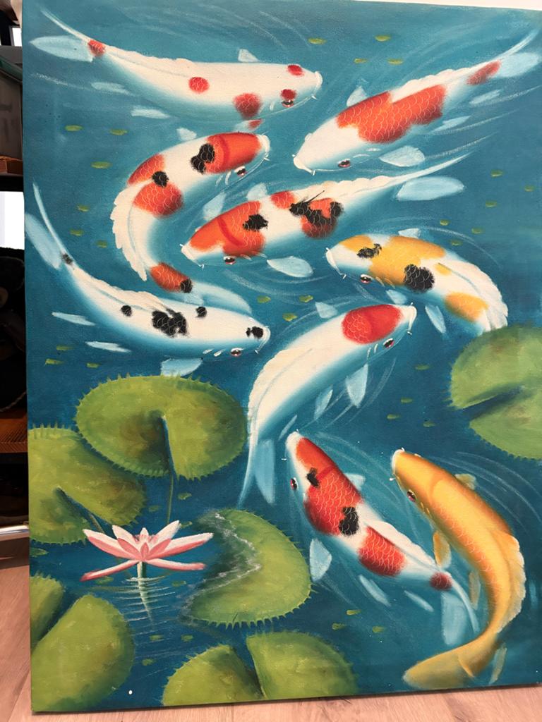 schilderij uit Bali met Koi karpers en waterlelies, Ophalen