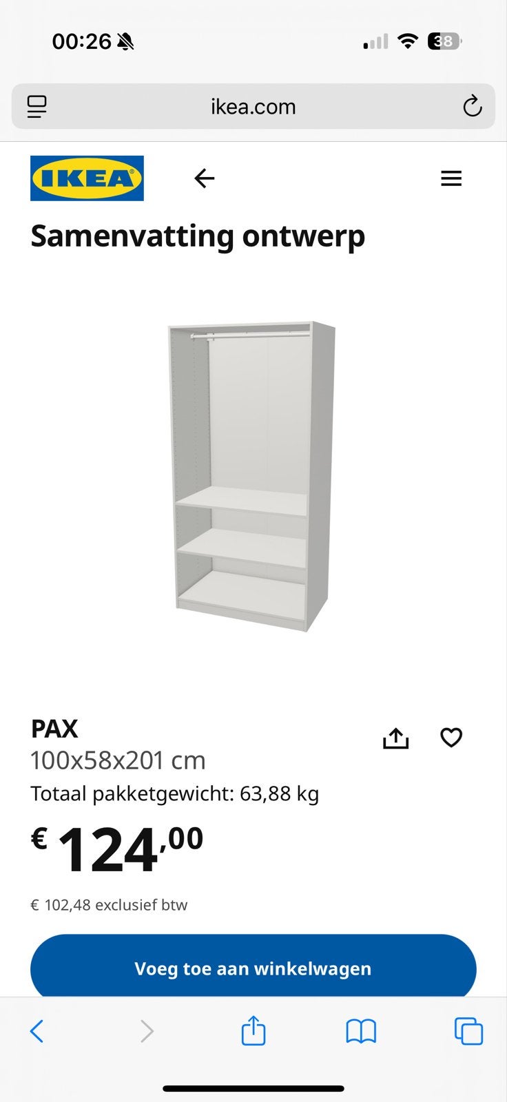IKEA PAX Kledingkast 100x58x201 cm - Wit, Huis en Inrichting, Kasten | Kledingkasten, Ophalen, Met plank(en), 200 cm of meer, 50 tot 100 cm