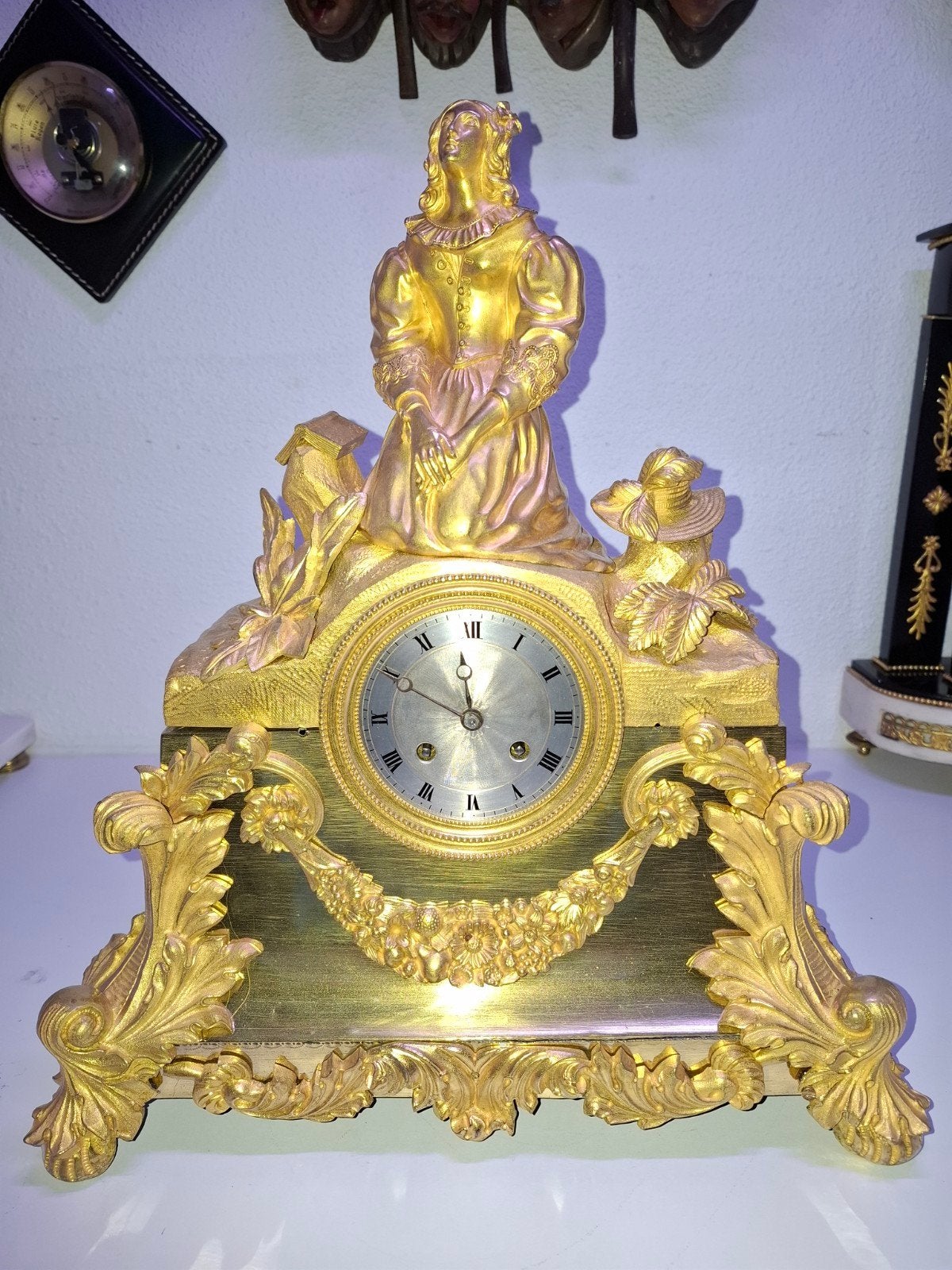 Antieke Franse Vergulde Bronzen Mantelklok, Ophalen