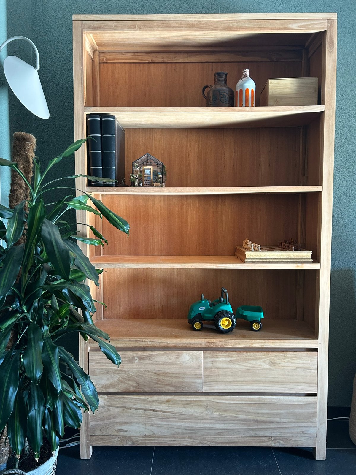 Massief Teakhouten Boekenkast met Lades - Zo goed als nieuw, Ophalen, 100 tot 150 cm, 200 cm of meer, Teakhout