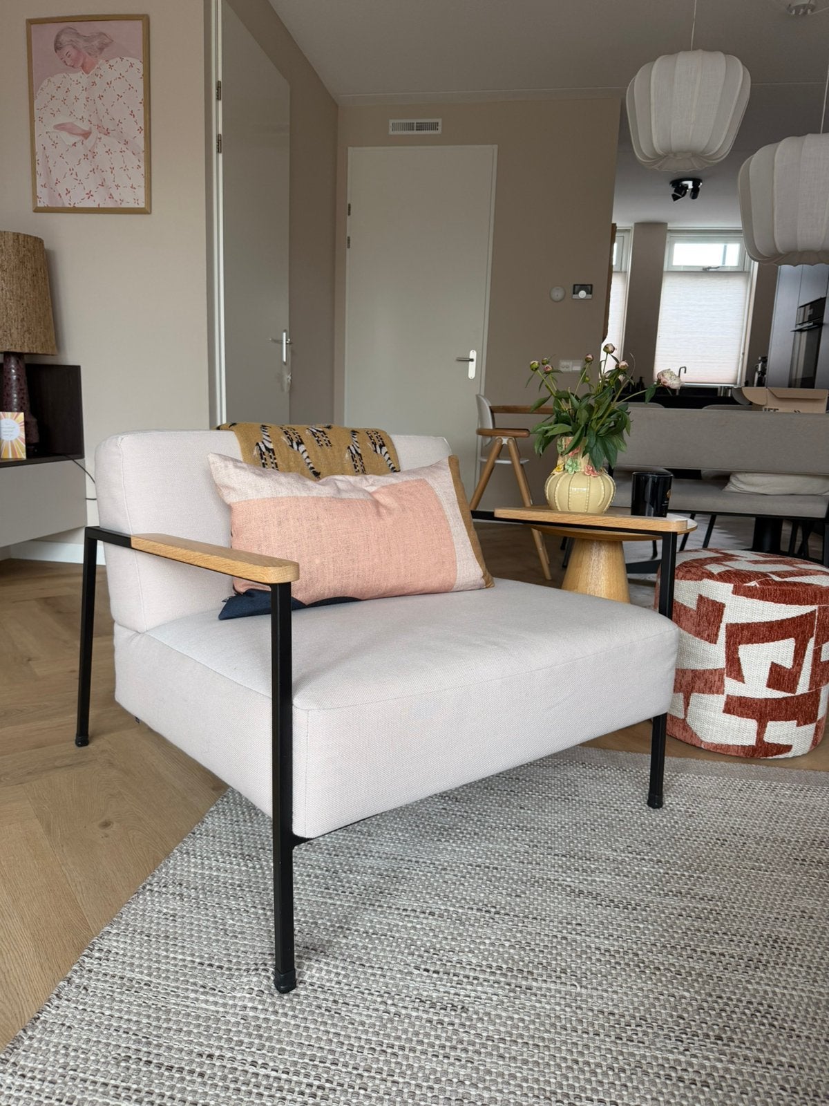 Studio Henk co fauteuil beige met naturel, Ophalen of Verzenden, Gebruikt, 75 tot 100 cm, Stof