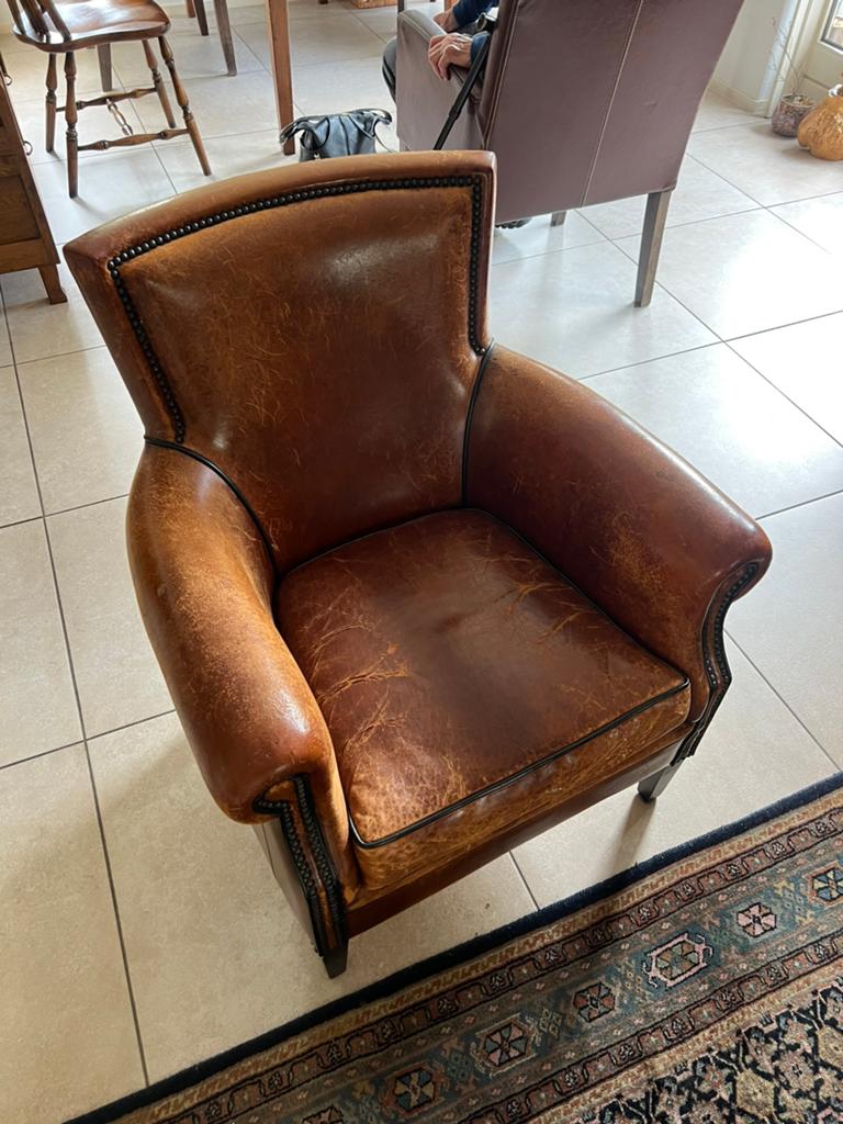 Schapen leren fauteuil, Ophalen, Gebruikt, 50 tot 75 cm, Leer