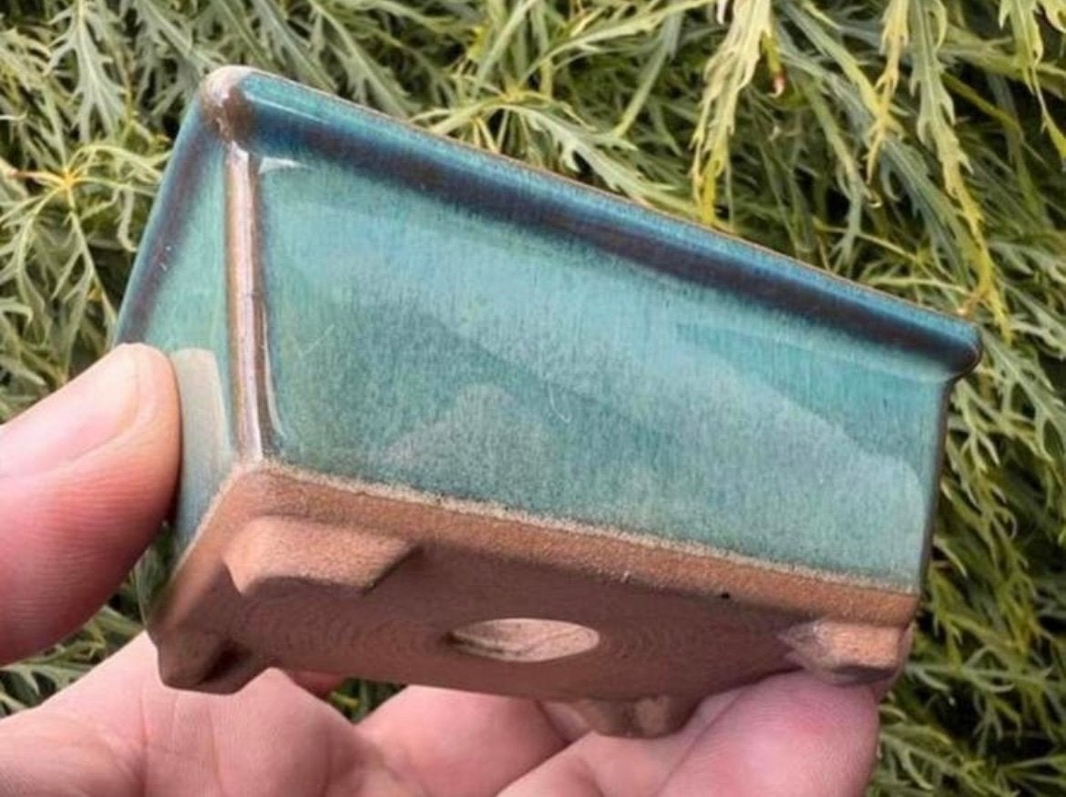 Bonsai schaal blauw-groen geglazuurd Japans 8,4x6,3x3,6, Ophalen of Verzenden, Zo goed als nieuw, Aardewerk, Rechthoekig