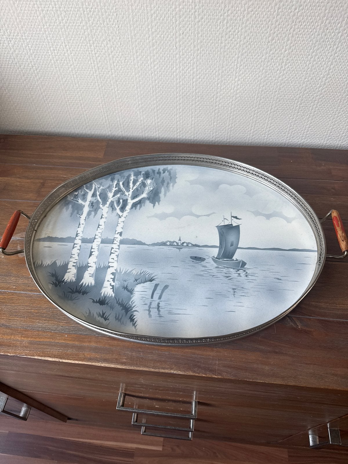 Vintage dienblad met landschap en berkenbomen, Ophalen