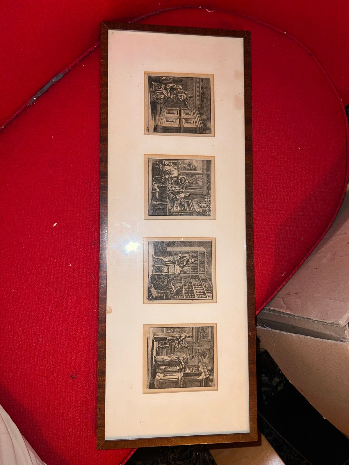Vier antieke gravures Jan Luyken – "Het Leerzaam Huisraad", Antiek en Kunst, Ophalen, 1800 - 1899, Ets, Ingelijst