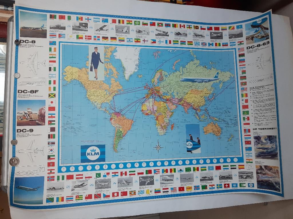Originele KLM Poster Landkaart, Verzenden, A1 t/m A3, Film en Tv, Rechthoekig Staand