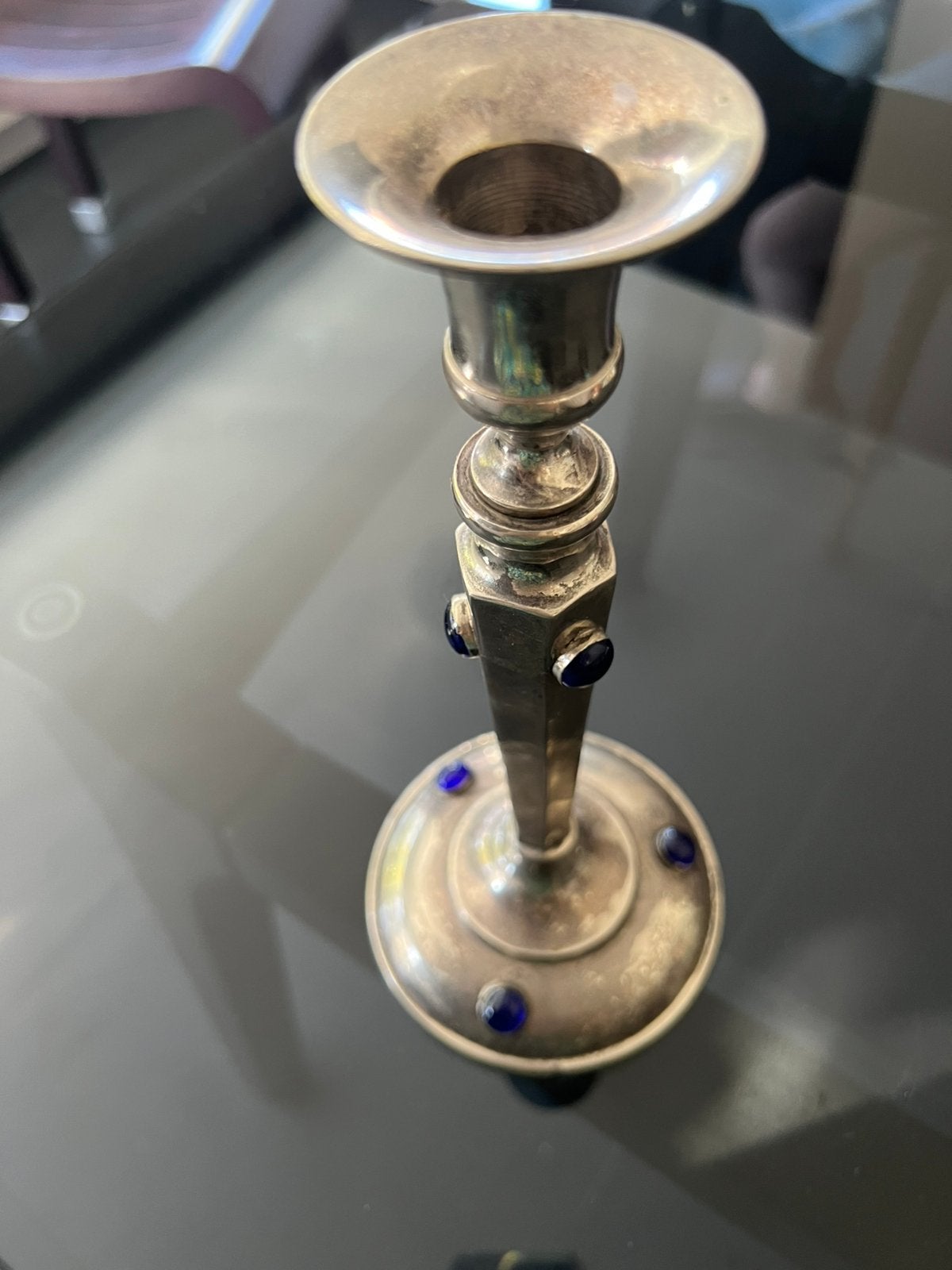 Verzilverde kandelaar met 6 blauw steentjes, Antiek en Kunst, Ophalen of Verzenden, Zilver