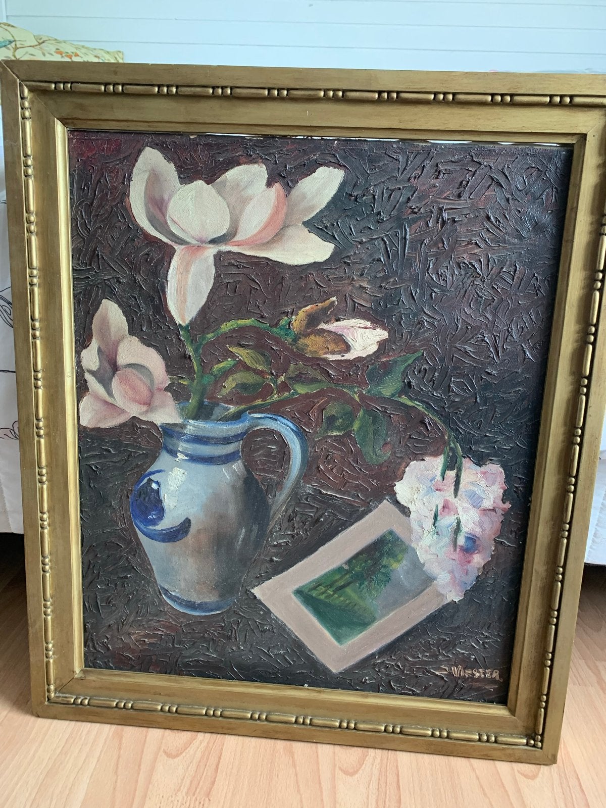 Stilleven met bloemen en kruik - Gesigneerd olieverfschilder, Ophalen, Doek, Stilleven, Gesigneerd