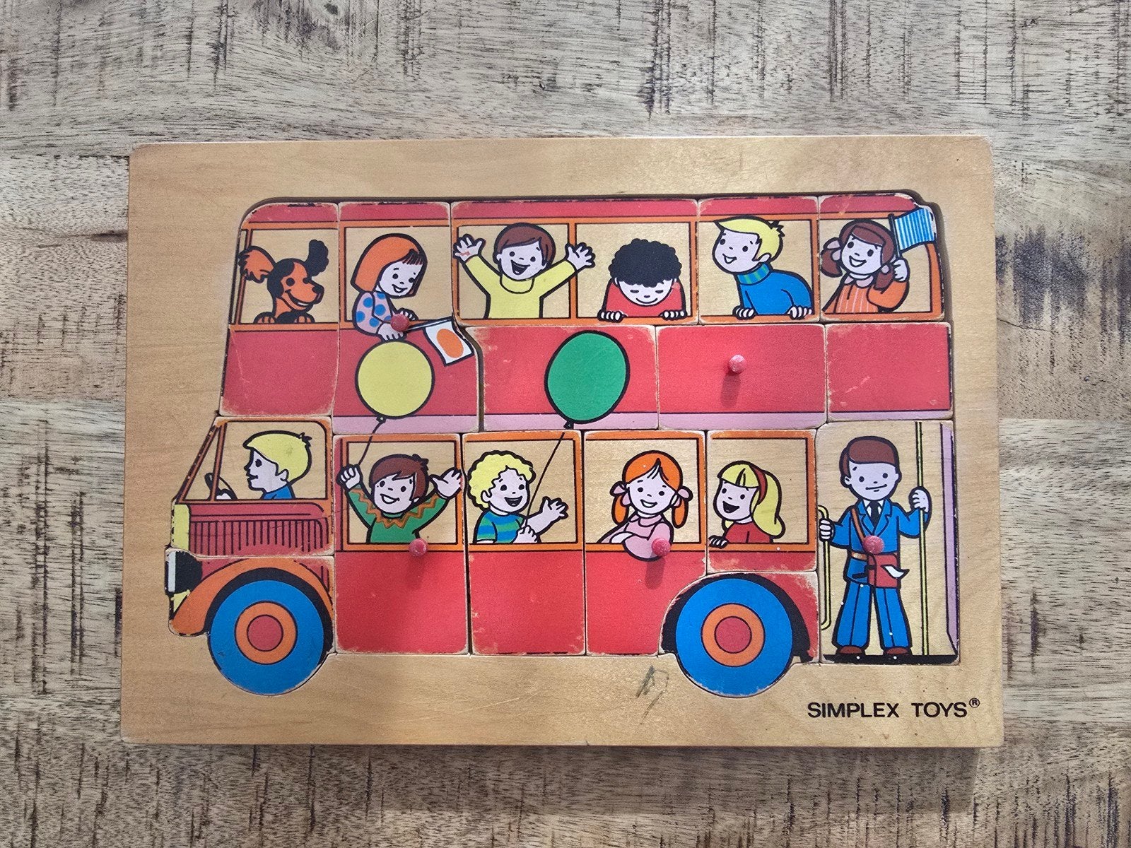 Vintage Simplex Toys Houten Puzzel Bus met Kinderen, Ophalen of Verzenden