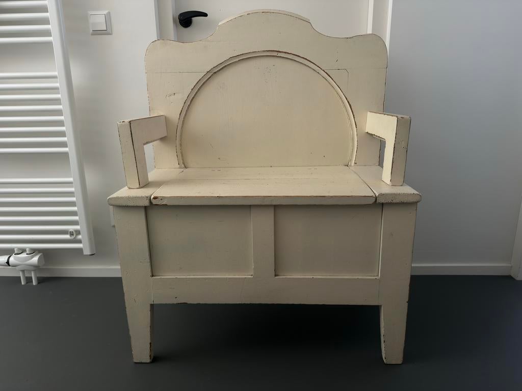 Vintage witte klepbank / opbergbank - shabby chic brocante, Antiek en Kunst, Ophalen