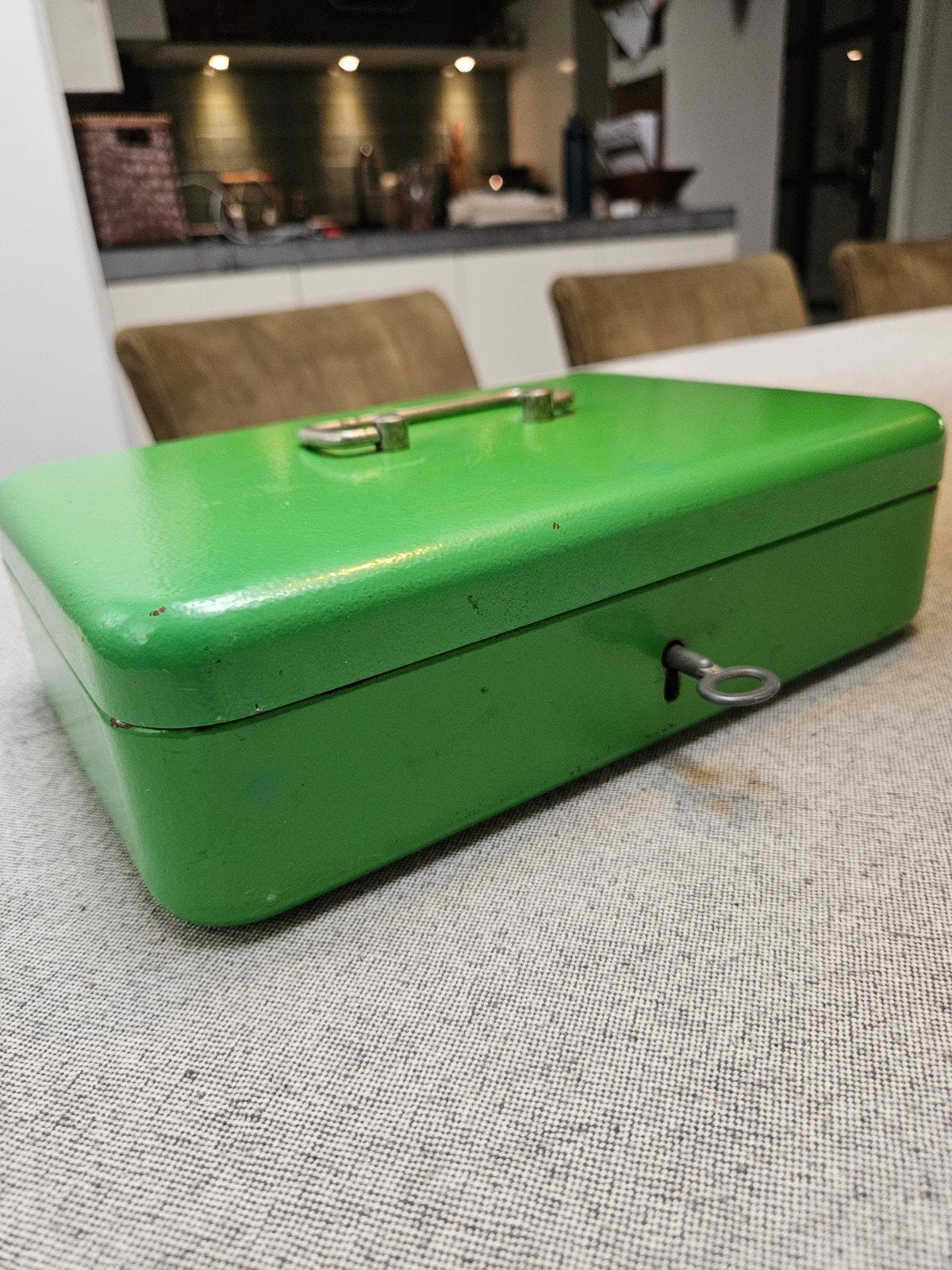 Vintage Groen geldkistje  met Sleutel - Gebruikt, Ophalen of Verzenden