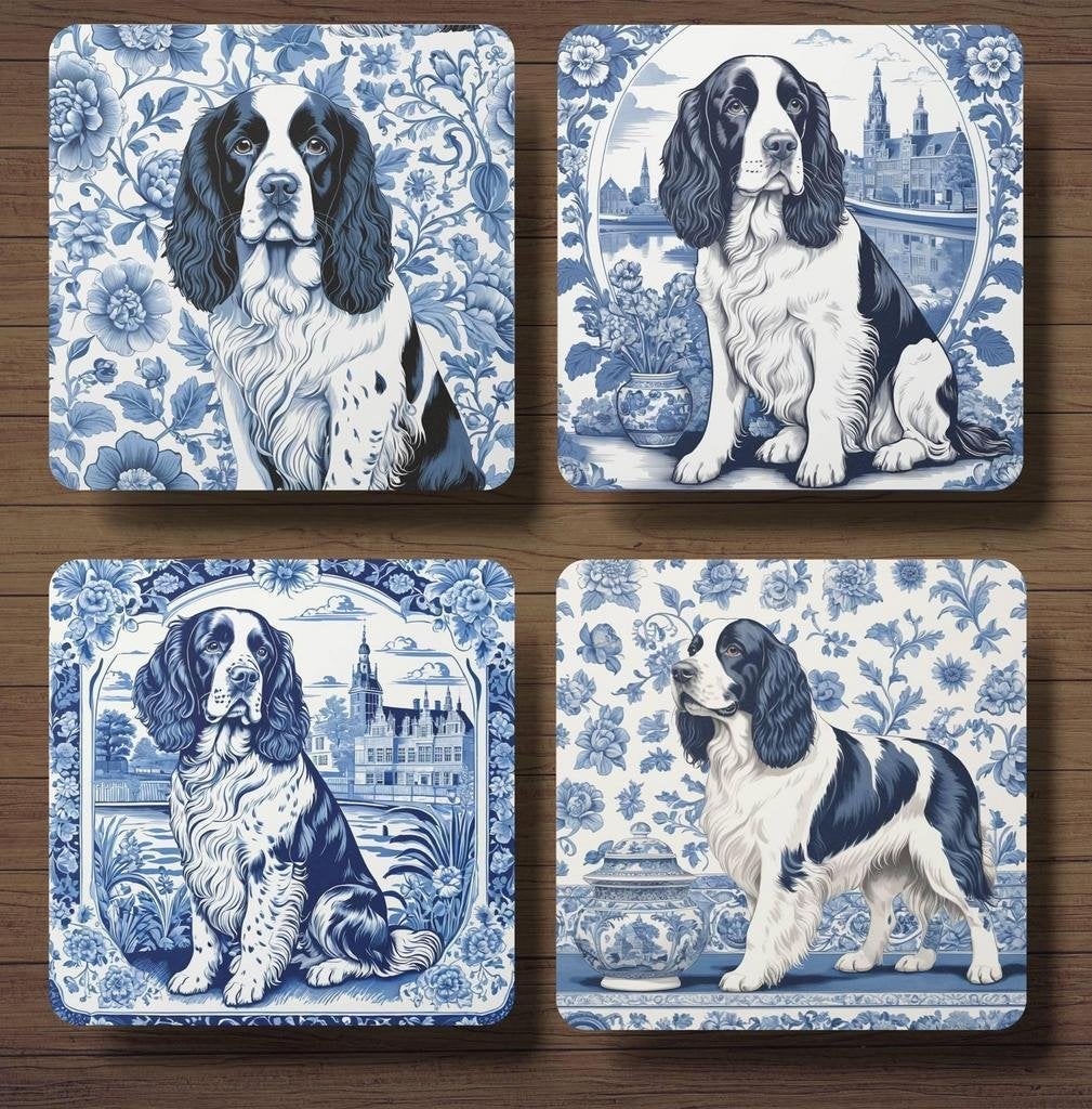 Engelse Springer Spaniël Delfts Blauw onderzetters + houder, Ophalen of Verzenden, Nieuw