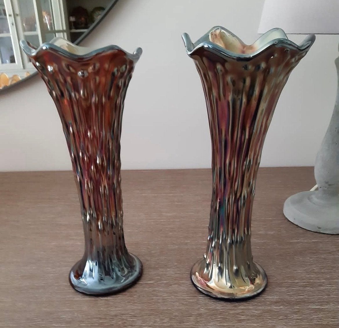 Uniek Paar Antieke Fenton Vazen – Amethyst Carnival Glass, Ophalen of Verzenden