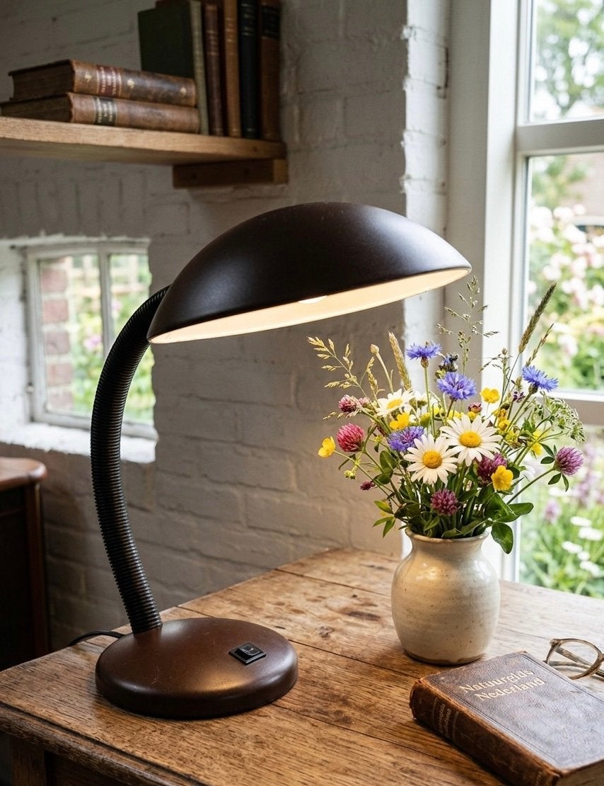 Bauhaus bureaulamp / leeslamp – Jaren '70 – Bruin metaal, Verzenden, Zo goed als nieuw