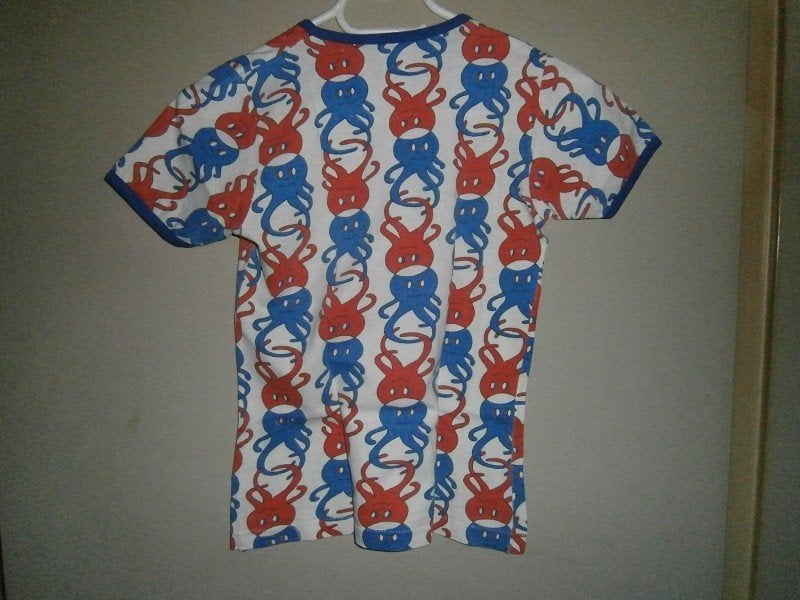 vintage 70's wit T-Shirt met inktvissen print blauw rood, Kleding | Heren, Ophalen, Gedragen, Maat 46 (S) of kleiner, Wit