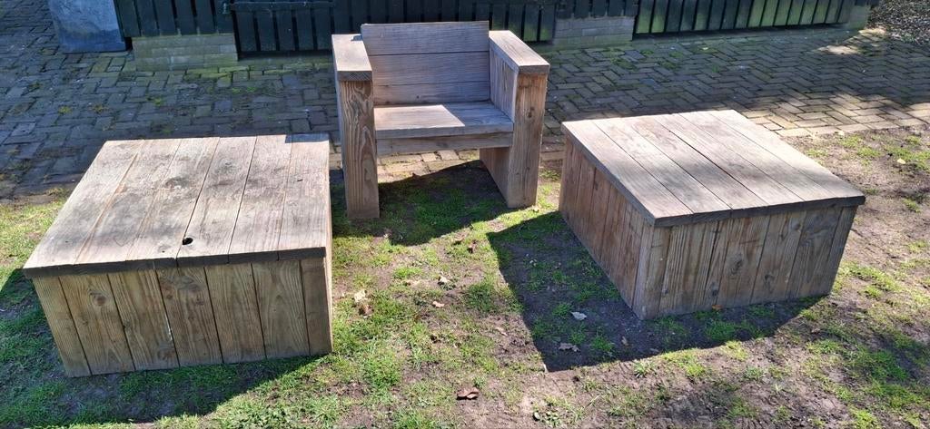 Douglas houten tuinset: stoel en twee tafels, Tuin en Terras, Tuinsets en Loungesets, Ophalen, Gebruikt, Tuinset, Hout