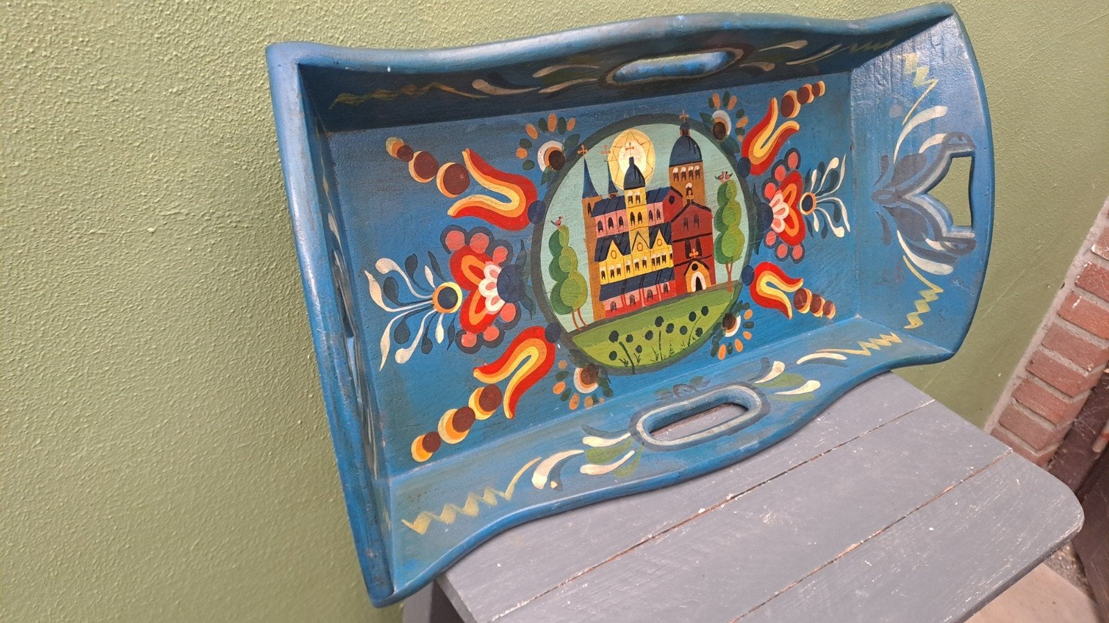 Vintage beschilderd houten Russische mangelbak, Antiek en Kunst, Curiosa en Brocante, Ophalen of Verzenden