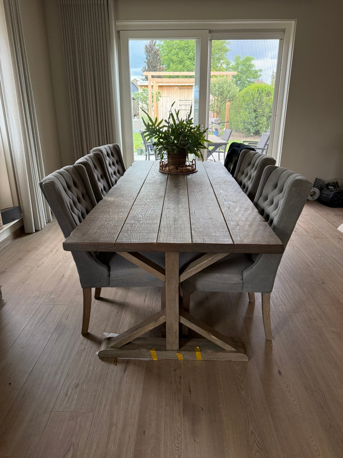 Eettafel landelijk vergrijsd eikenhout, Ophalen, Gebruikt, Eikenhout, 200 cm of meer