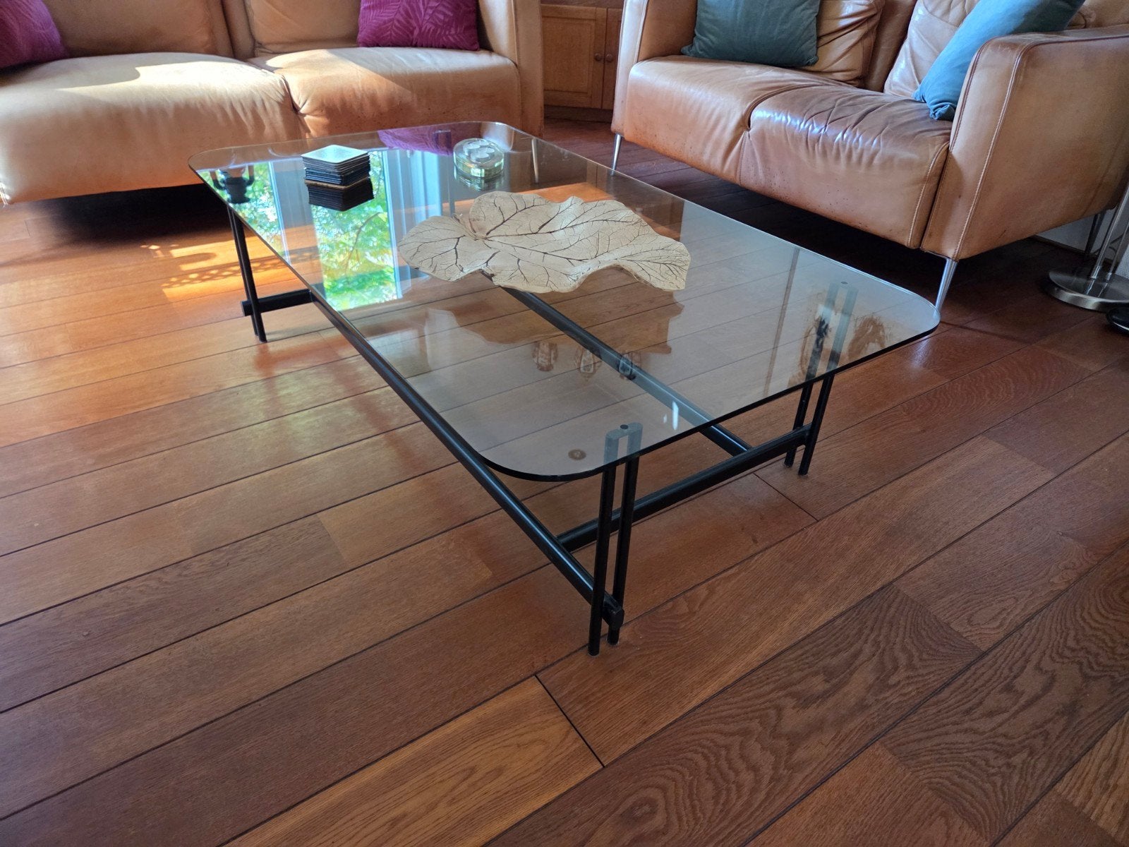 Vintage postmodern design salontafel zwart staal en glas, Ophalen, Gebruikt, Zwart, Laminaat
